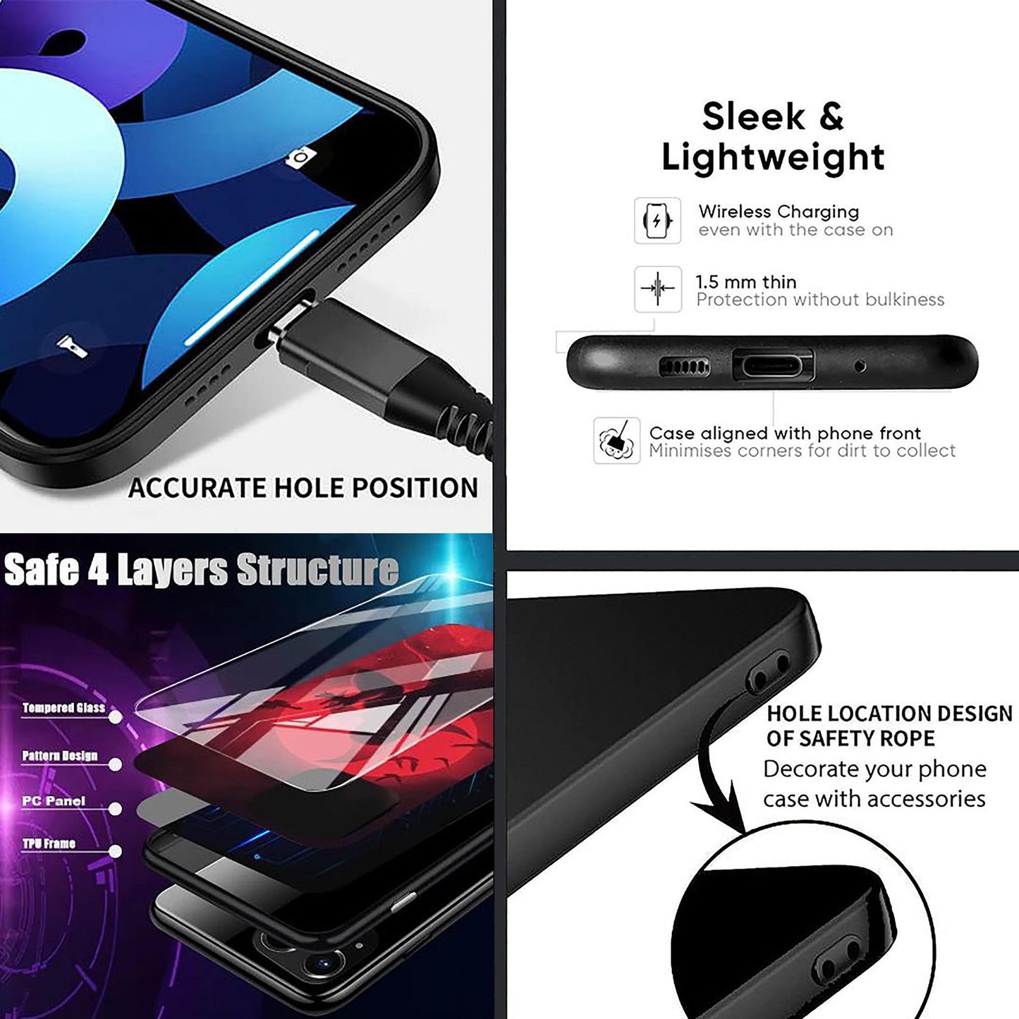 Protective phone case with accurate cutouts, slim design, 4-layer structure, and safety rope hole