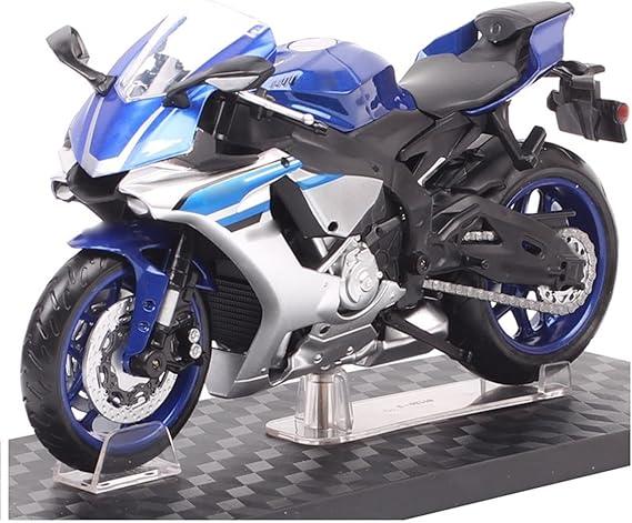 Blue Yamaha YZF-R1 diecast motorcycle toy model on display stand, detailed sport bike design