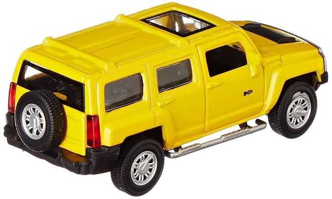 Yellow die-cast Hummer H3 toy car with pull-back function, rear side view