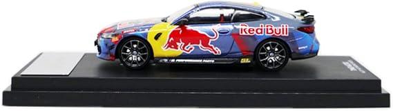 Red Bull blue 1:64 M4 sports car diecast model on display stand, collectible toy.
