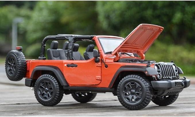 Orange Jeep Wrangler 2014 die-cast model with open hood, outdoor setting
