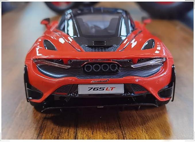 Rear view of red McLaren 765LT diecast model car on wooden surface