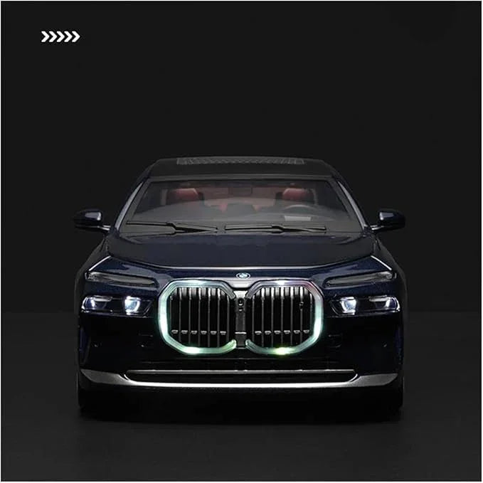 Front view of black BMW 7 Series I7 G70 alloy diecast model car with illuminated grille