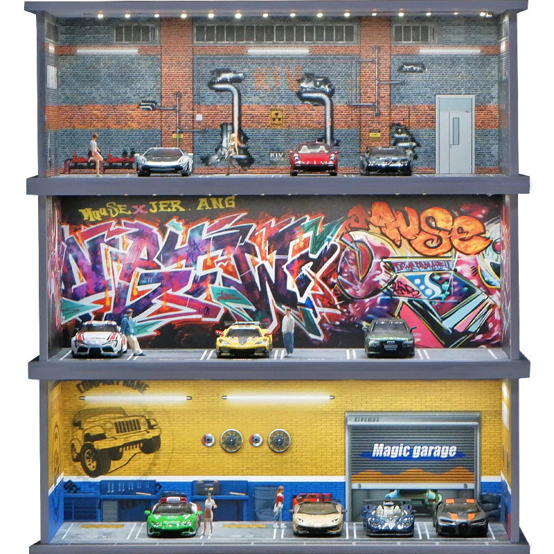 1:64 Scale Graffiti Parking Lot Miniature Scene with LED Lighting