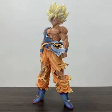 Super Saiyan Goku action figure with spiky yellow hair, ripped orange pants, and blue boots