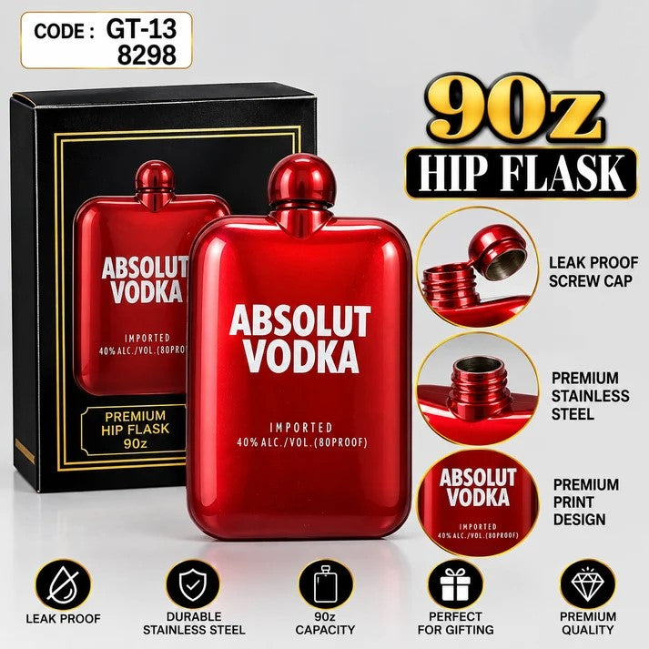 Absolut Vodka 9oz Red Stainless Steel Hip Flask with Premium Gift Box