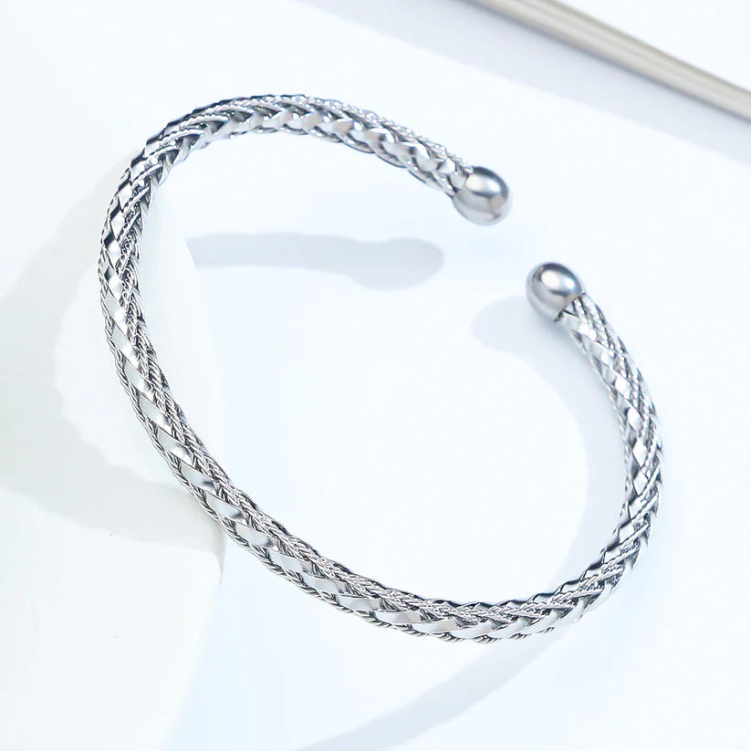 Silver Braided Cuff Bracelet – Minimalist Open Bangle Jewelry