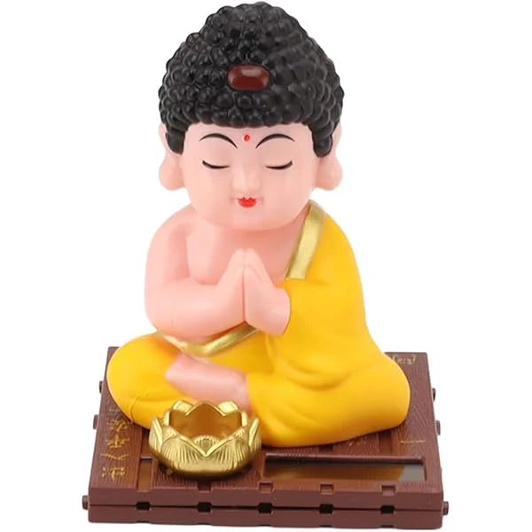 Solar Monk Buddha Bobblehead – 11 cm Praying Pose with Lotus on Wooden-Style Base