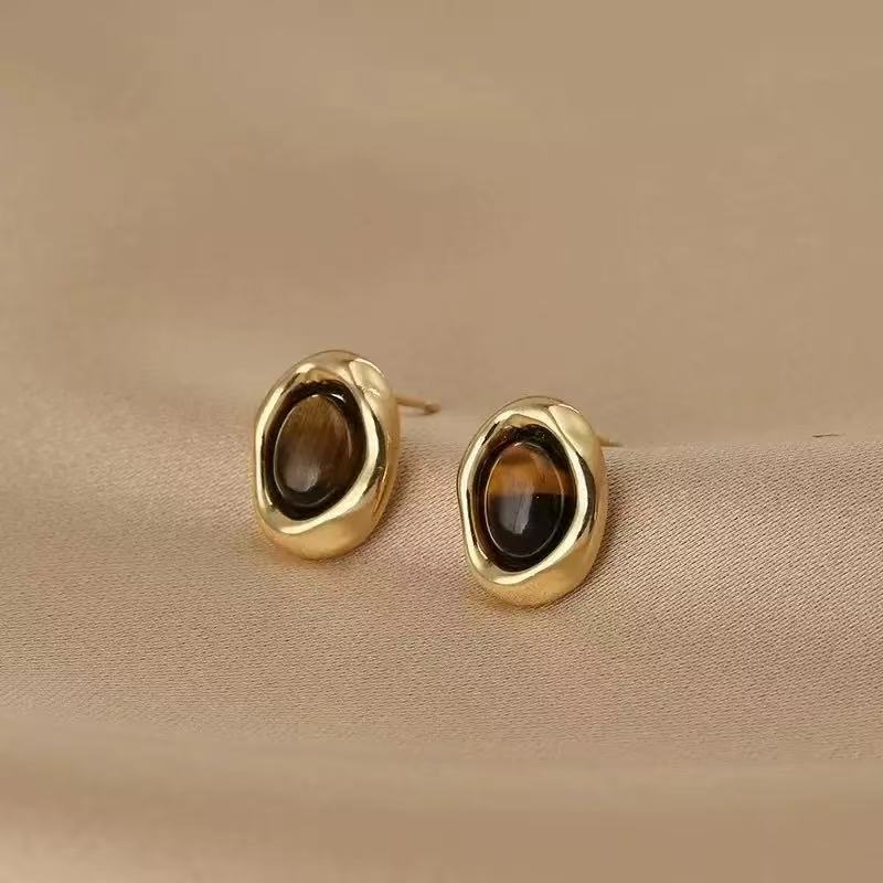 Tiger Eye Stone Oval Stud Earrings – Gold Finish