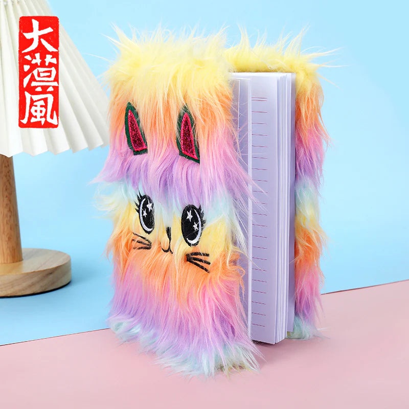 Rainbow Cat Furry Diary – Plush Cover, Ruled Pages, Cute Kids Journal