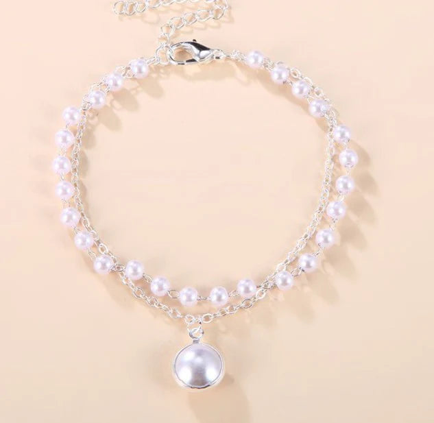 Silver Double Chain Pearl Bracelet – Elegant Layered Charm Jewelry
