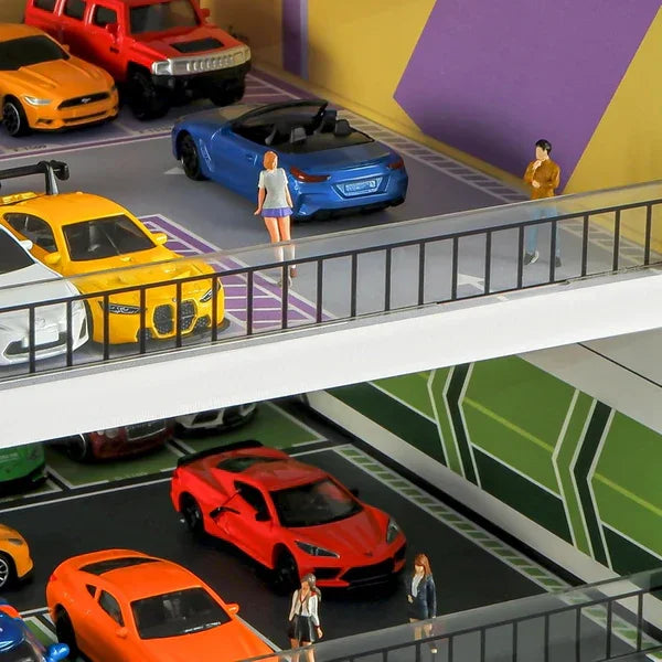 Multi-level diorama parking scene with 1:64 diecast model cars and miniature figures