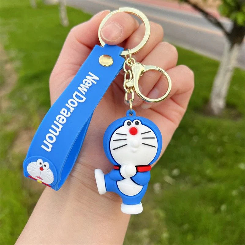 Blue Robo Cat Rubber Keychain with Wrist Strap – 3D Figure, Gold Ring + Clasp