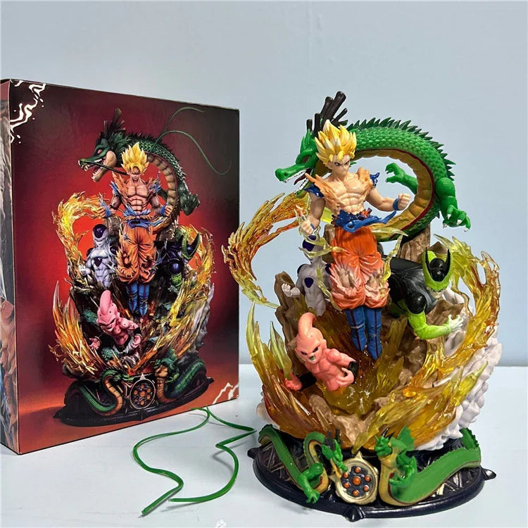 Dragon Ball Z Super Saiyan Goku action figure diorama with Shenron and villains display