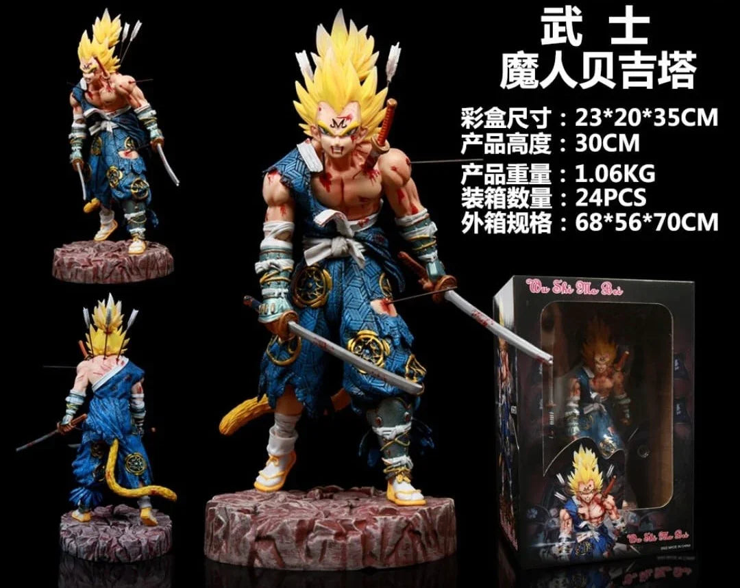 Dragon Ball Z Vegeta Super Saiyan samurai figurine with swords, 30cm collectible on display.