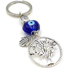 Evil Eye Tree of Life Metal Keychain – Blue Glass Charm, Hamsa Hand, Silver Ring