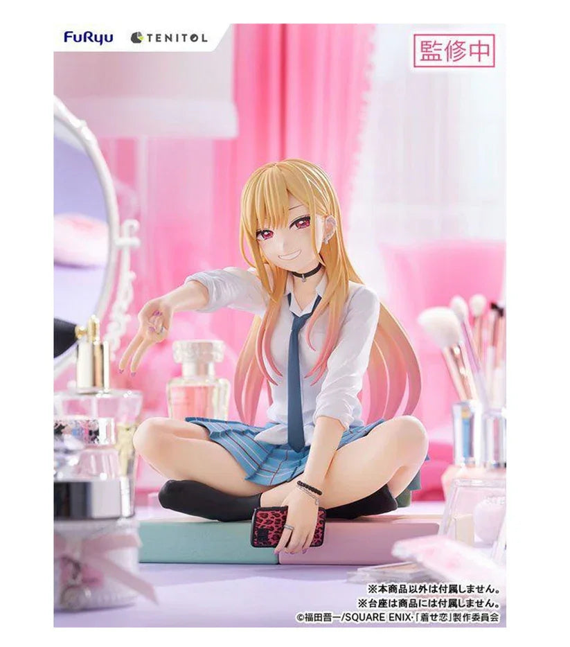 Furyu My Dress-Up Darling Marin figure in school uniform on makeup table with pink background