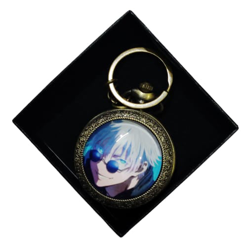 Gojo Anime Pocket Watch Keychain with Blue Glasses – Vintage Bronze Finish