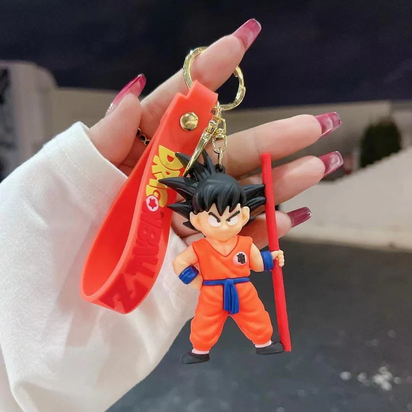 Kid Goku with Power Pole Rubber Keychain with Strap – 3D Figure, Gold Ring + Clasp