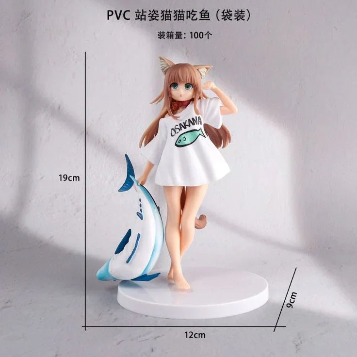Anime cat girl PVC figure in white shirt with fish print, standing with large fish, 19cm tall