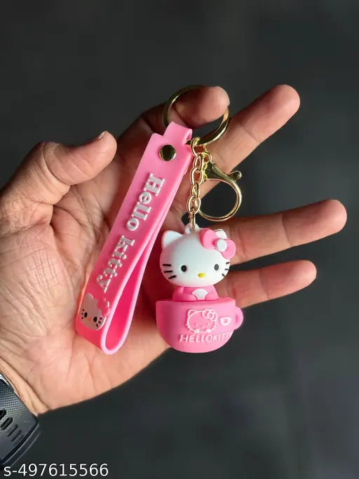 Pink Kitty Cup Rubber Keychain with Strap – 3D Figure, Gold Ring + Clasp