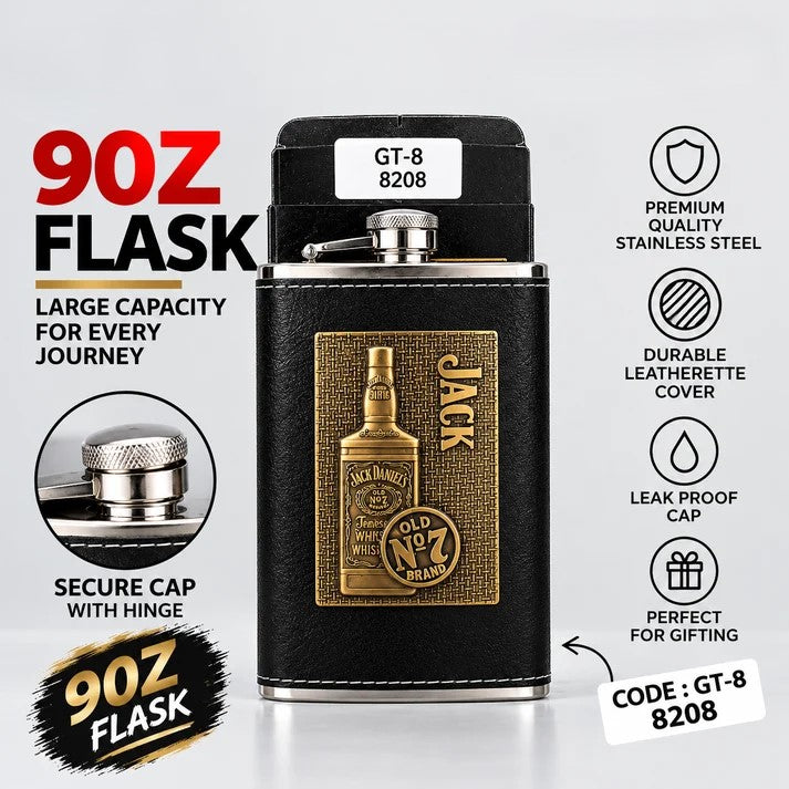 Jack Daniel’s Style 9oz Black Leatherette Hip Flask with Gold Decorative Design