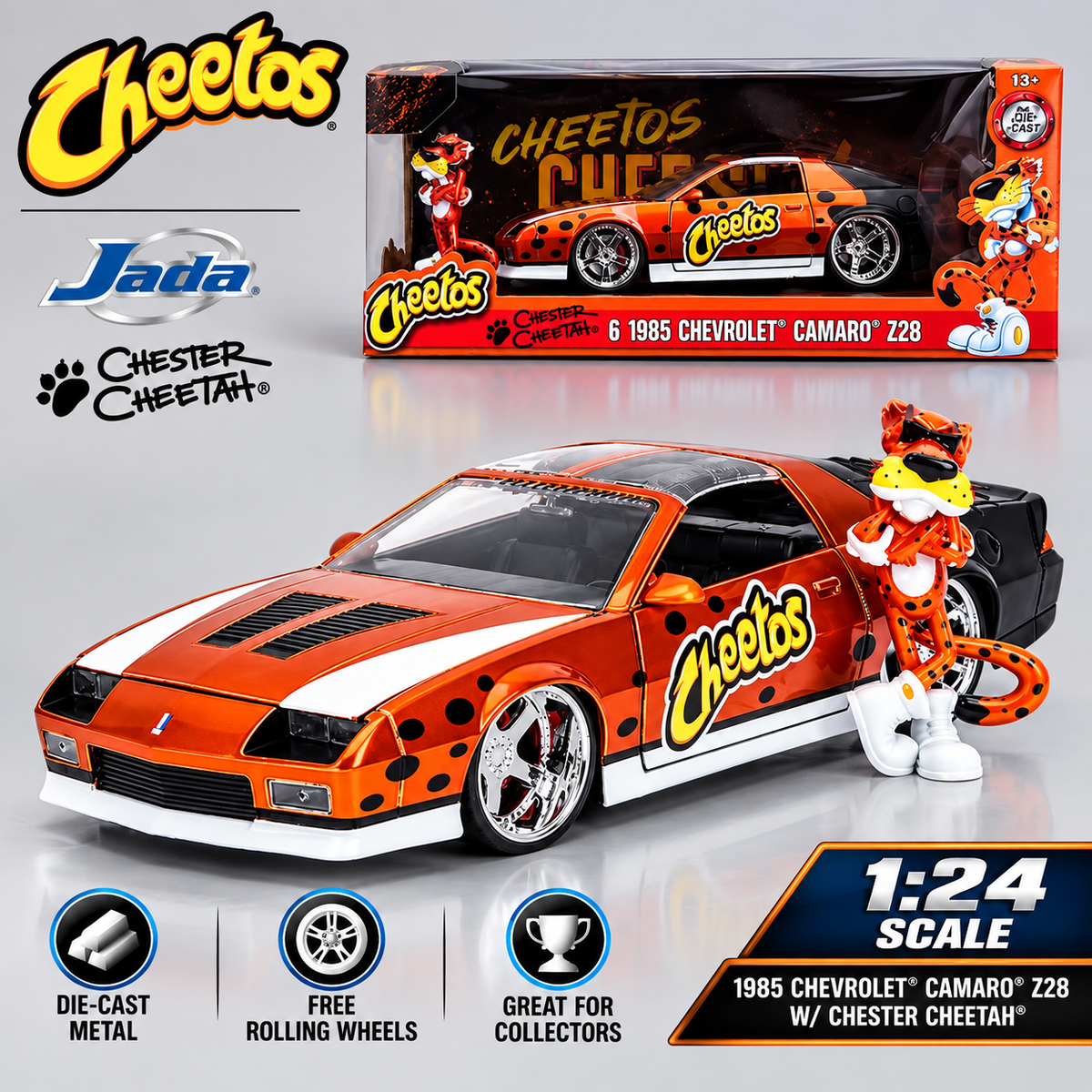 Jada Toys Cheetos 1985 Chevrolet Camaro Z28 with Chester Cheetah 1:24 Die Cast