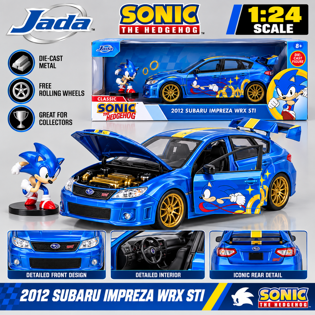 Jada Toys Sonic the Hedgehog 2012 Subaru Impreza WRX STI 1:24 Scale Die Cast Model Car with Figure