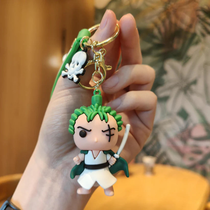 Kid Zoro Rubber Keychain – Green Swordsman with Skull Charm