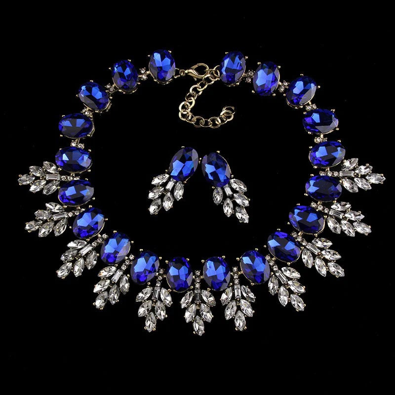Blue Korean Jewelry Necklace & Earring Set – Luxury Crystal Statement Set