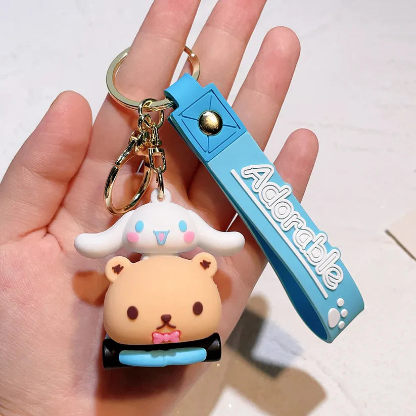 Kuromi in Racing Car Rubber Keychain with Blue Strap – 3D Duo Charm, Gold Ring + Clasp