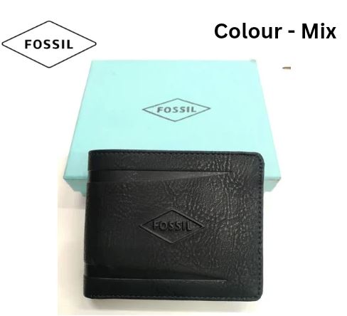 Men’s Black Leather Wallet – Fossil Style with Aqua Gift Box (Colour Mix)