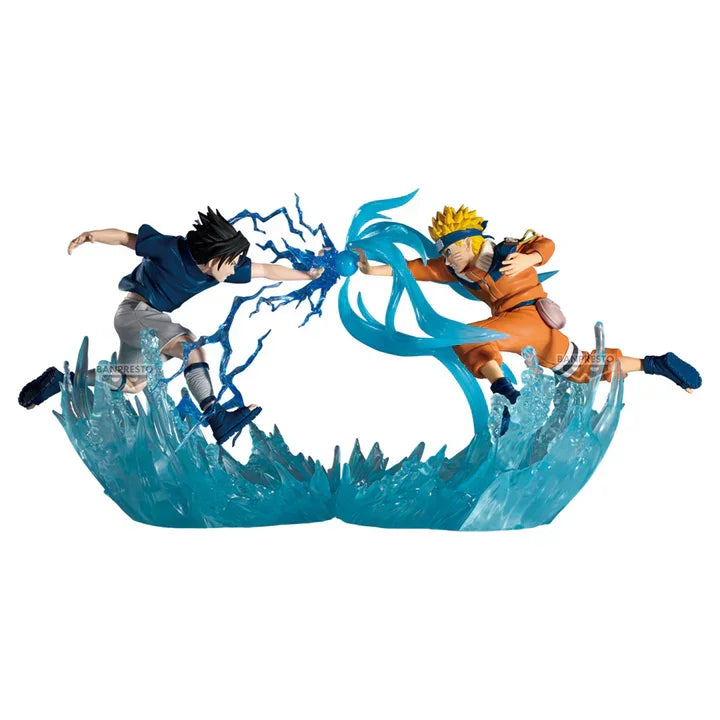 Naruto and Sasuke Banpresto figures battling with blue energy effects, anime collectible
