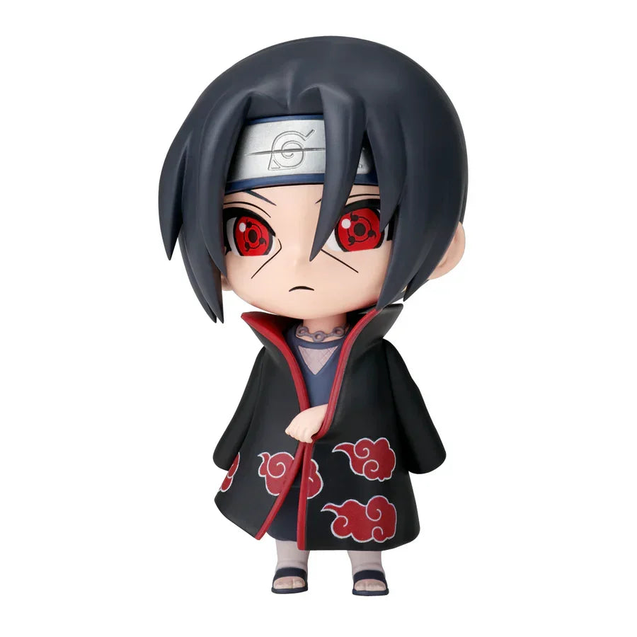 Chibi Uchiha Itachi figure in Akatsuki cloak with red Sharingan eyes, white background