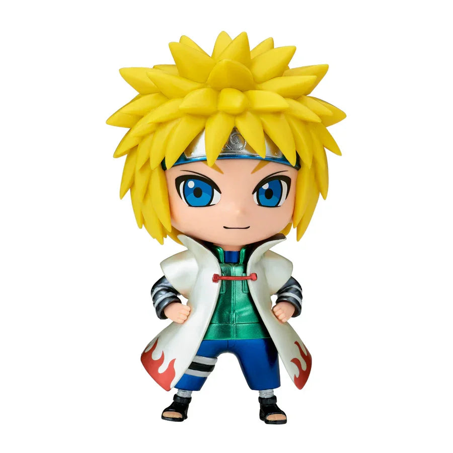 Minato Namikaze chibi figure with spiky yellow hair, white cloak, blue pants, and headband