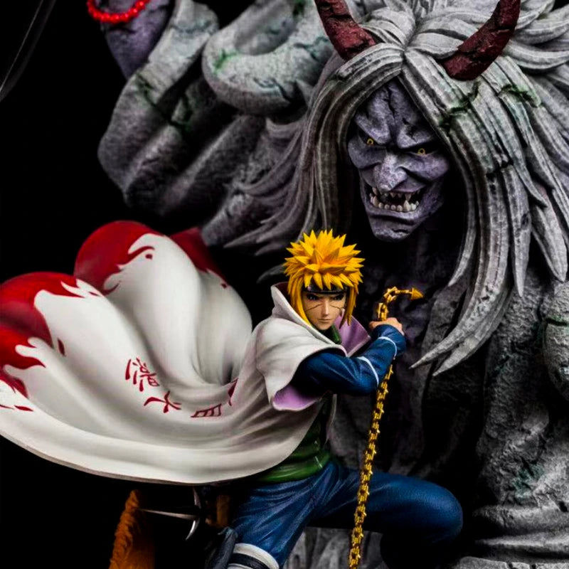 Naruto anime action figure with spiky yellow hair and white cloak, posed before gray demon statue