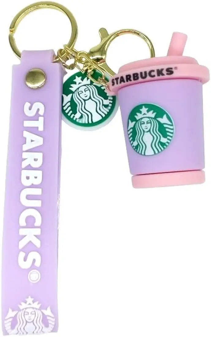 Starbucks Pink Cup Rubber Keychain – Lavender Strap, Gold Ring + Clasp