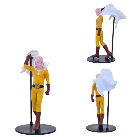One Punch Man Saitama anime action figure in yellow suit with white cape on stand