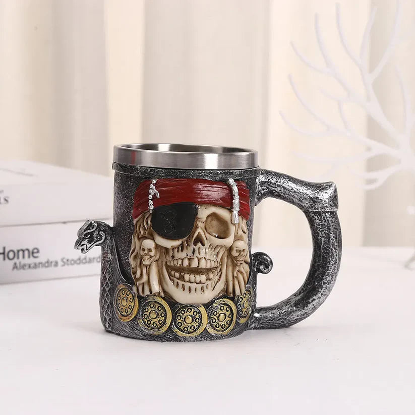 Pirate Skull Steel Mug – Captain’s Ship Wheel Tankard