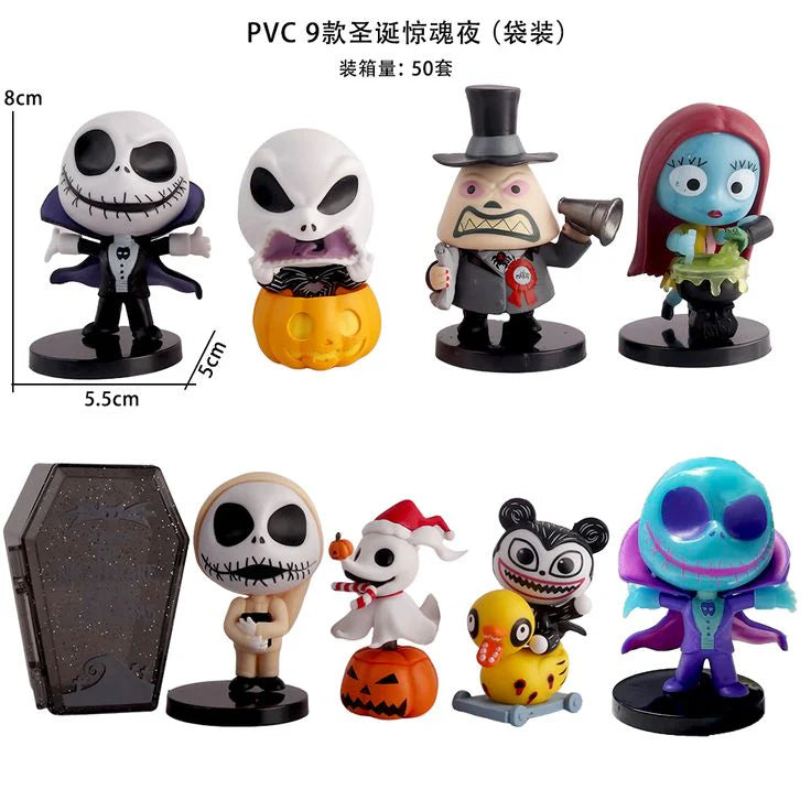Spooky Pumpkin Town – 9‑Piece Set Skeleton & Ghost PVC Figures with Coffin Base