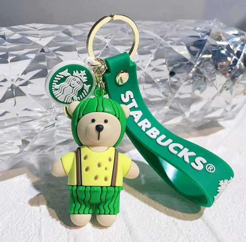 Starbucks Teddy with Yellow Clothes Rubber Keychain – Green Strap