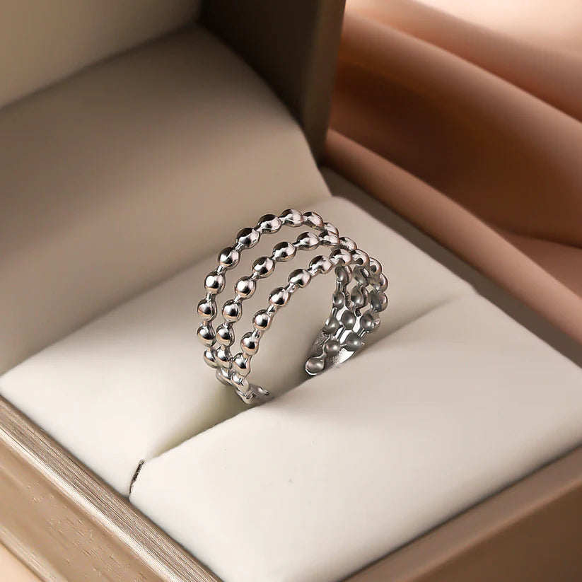 Silver Three Layer Beaded Ring – Bold Layered Statement Jewelry