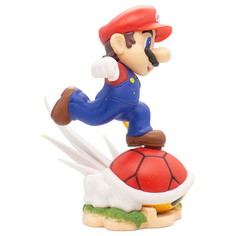 Mario action figure kicking red turtle shell toy on white background