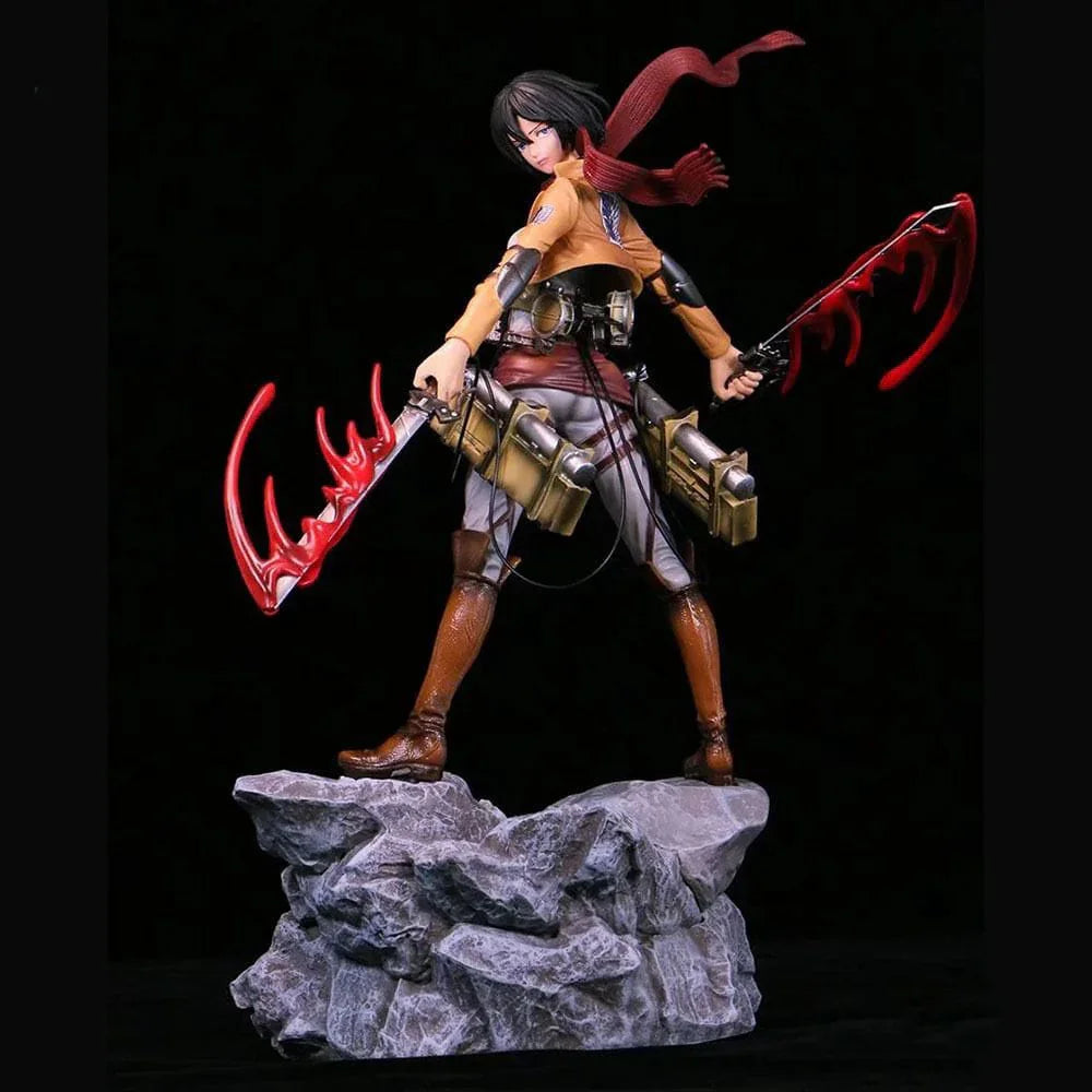 Attack on Titan Mikasa Ackerman 35cm action figure with red blades standing on stone base.