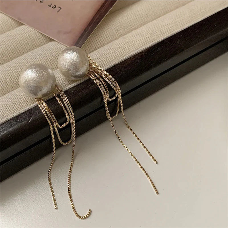 Cotton Pearl Long Tassel Earrings – Elegant Chain Drop Style