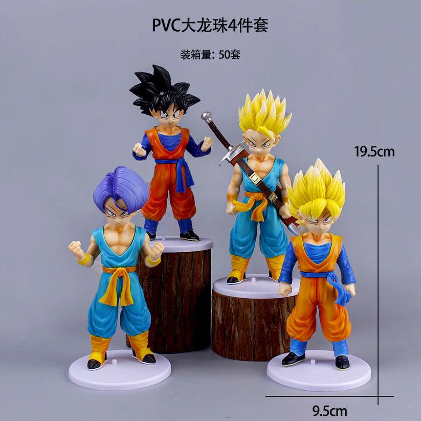 Four Dragon Ball Z anime PVC action figures on stands with measurement labels