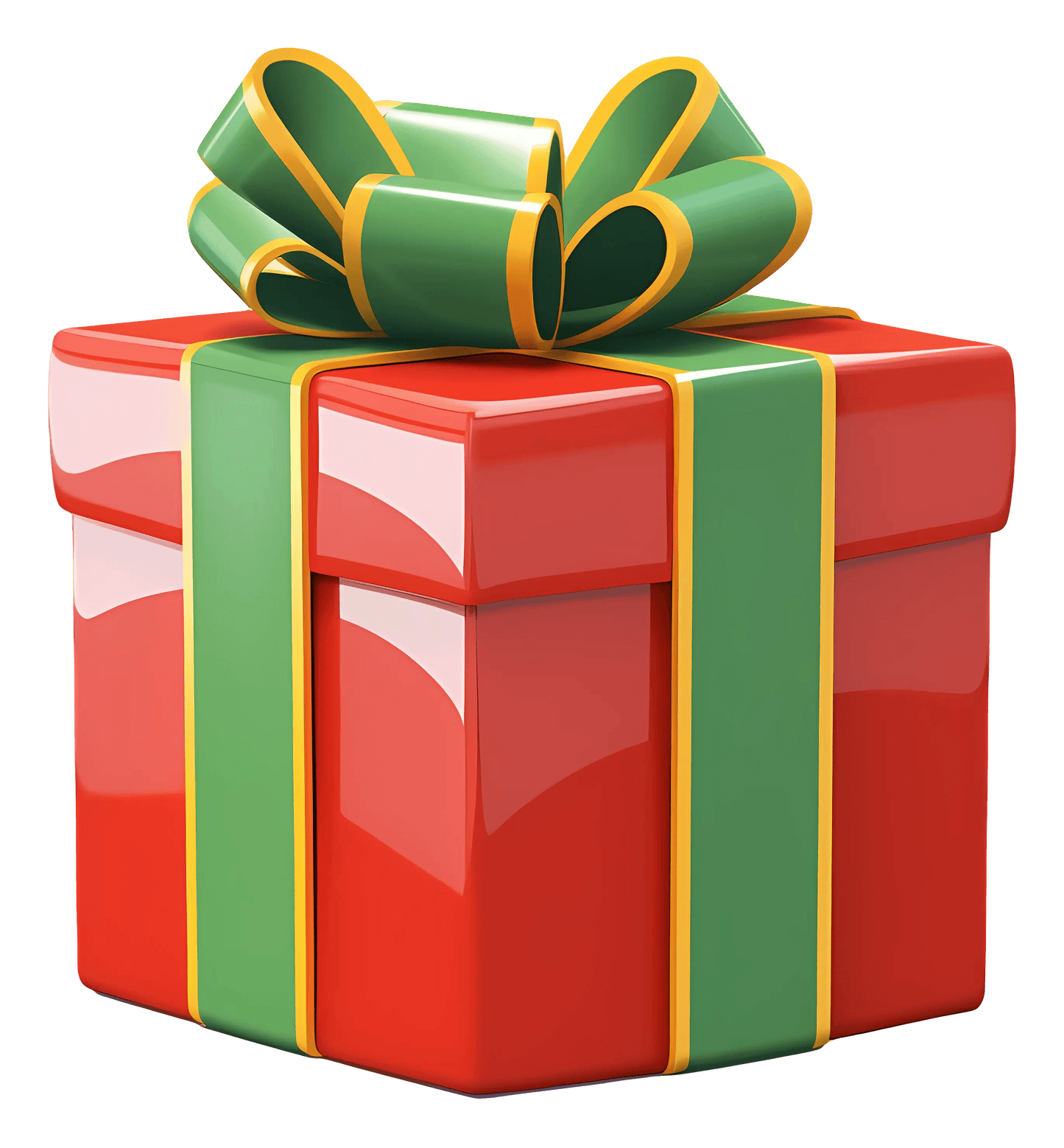 Red gift box with green and yellow ribbon and bow, glossy gift wrap add-on