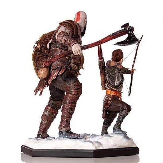 God of War Kratos and Atreus action figures on snowy base, back view, 20cm figure set