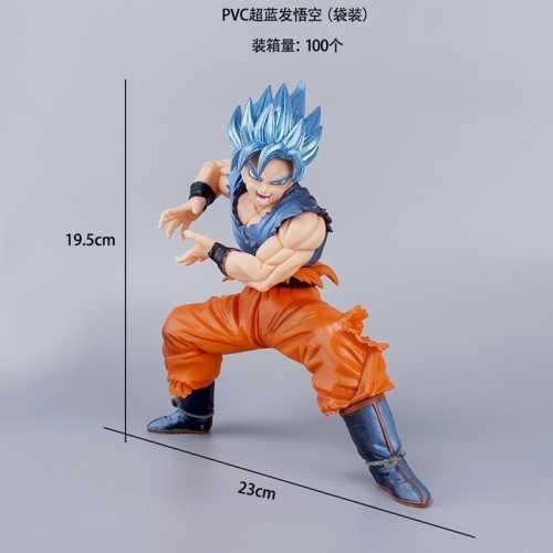 Goku blue hair action figure in battle pose, 19.5cm tall, 23cm wide, anime collectible toy