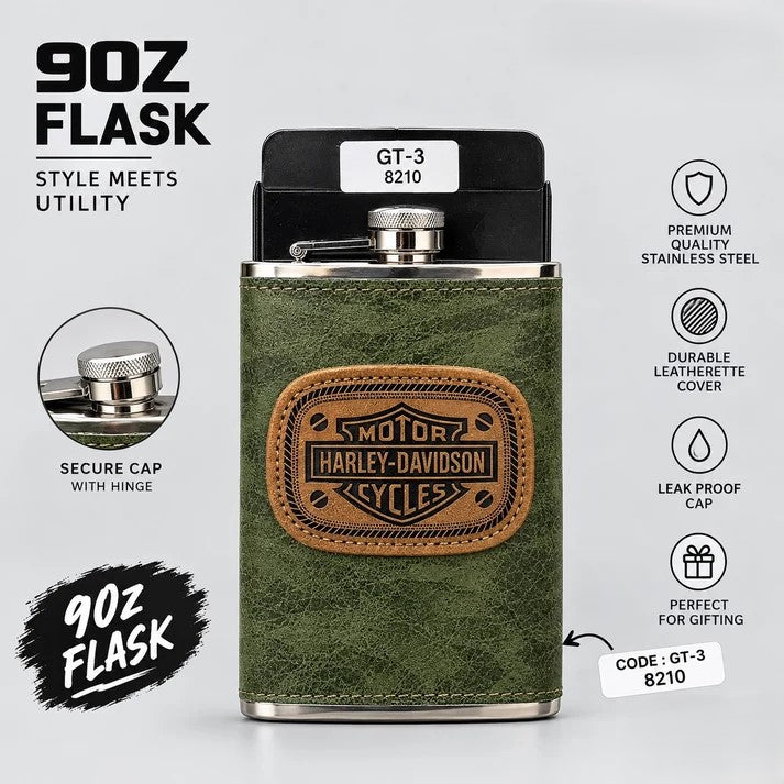 Harley-Davidson Motorcycles 9oz Green Leatherette Stainless Steel Hip Flask